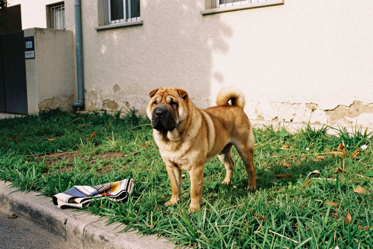 Chinese Shar-Pei in Tel Aviv Yard in in a small yard with clipped grass, calm light, and the animal centered in frame near Tel Aviv