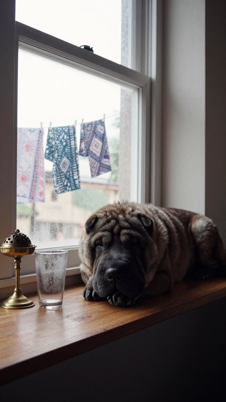 Chinese Shar-Pei on Window Seat in Ibadan Home in on a window seat in a quiet apartment with soft side light in Ibadan