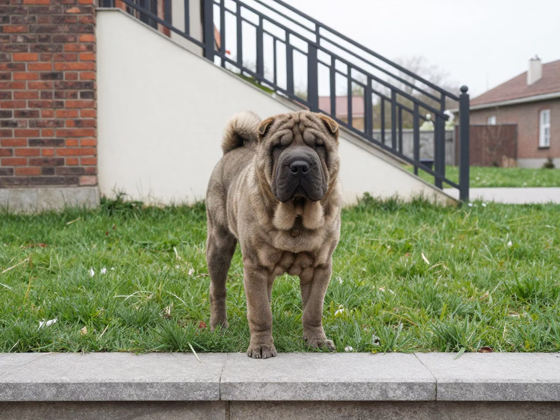 Chinese Shar-Pei Portrait in Novi Sad Yard in in a small yard with clipped grass, calm light, and the animal centered in frame in Novi Sad