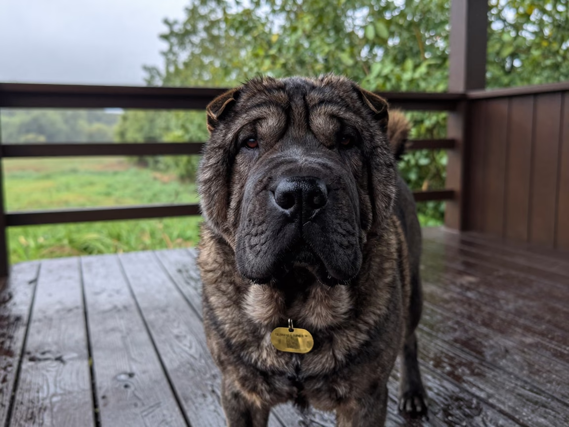 Chinese Shar-Pei Portrait on Shaded Sendai Porch in on a shaded front porch with boards, railings, and eye-level framing in Sendai
