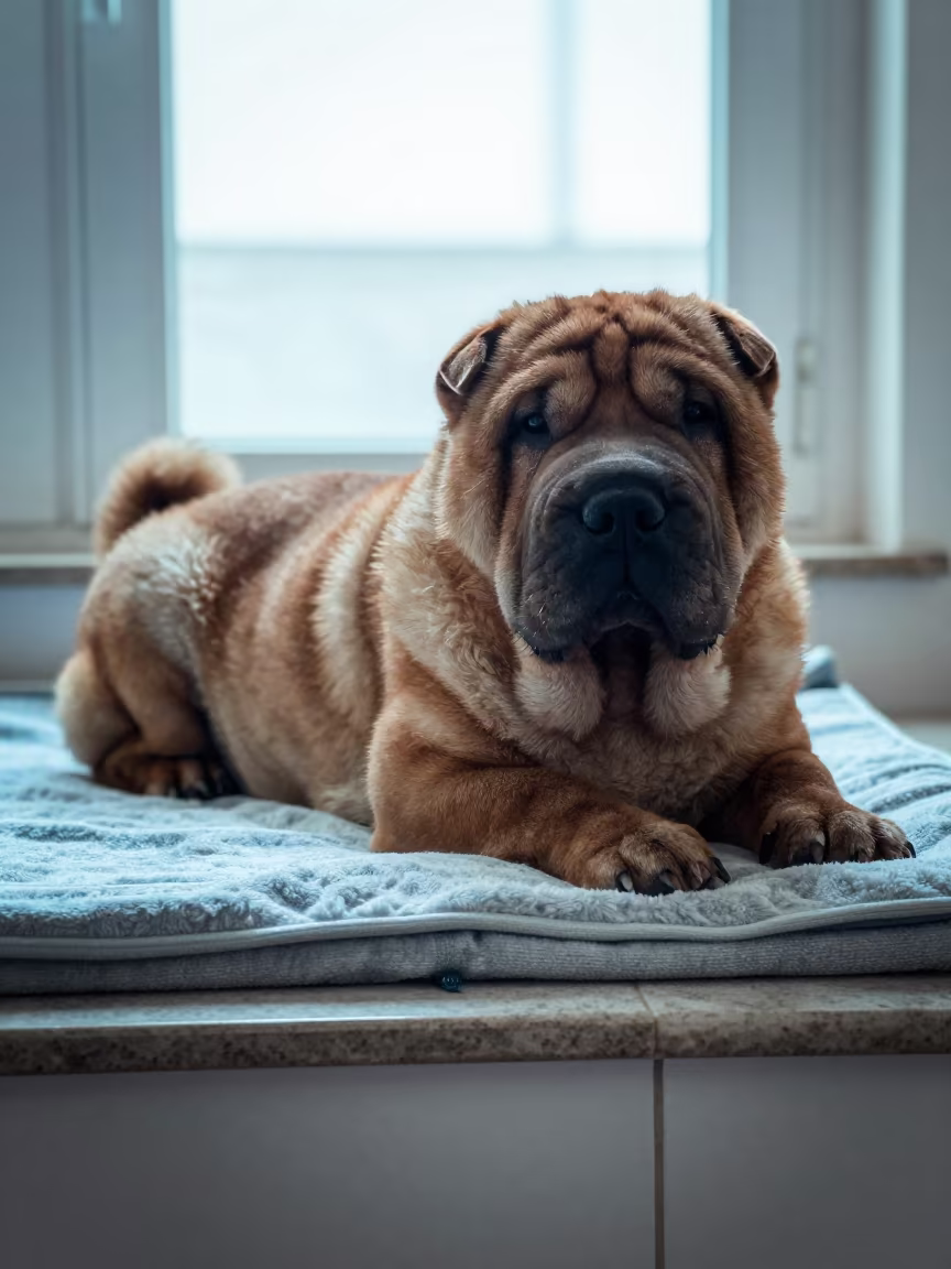 Chinese Shar-Pei Resting on Bedspread Near Window in on a bedspread near a bright window with calm indoor light in Faisalabad