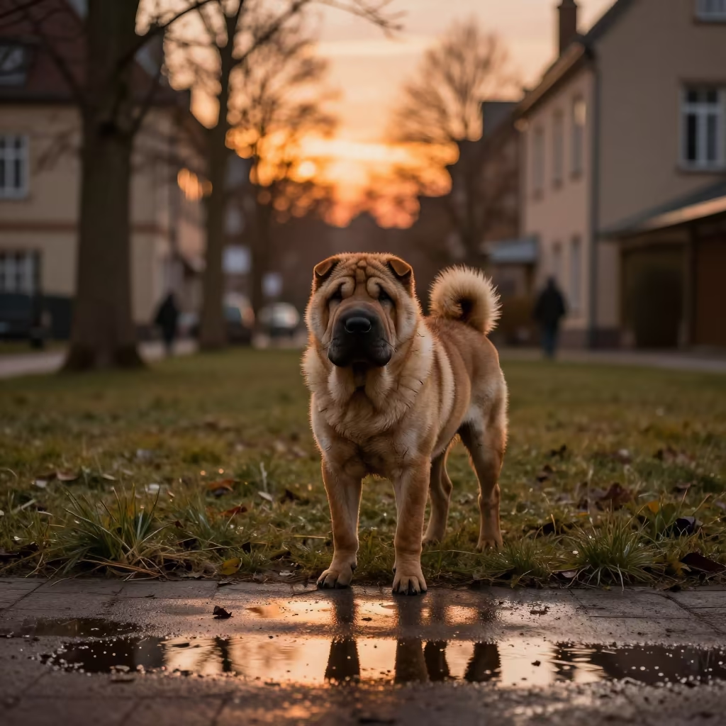 Chinese Shar-Pei Standing in Luxembourg Yard in in a small yard with clipped grass, calm light, and the animal centered in frame in Luxembourg City
