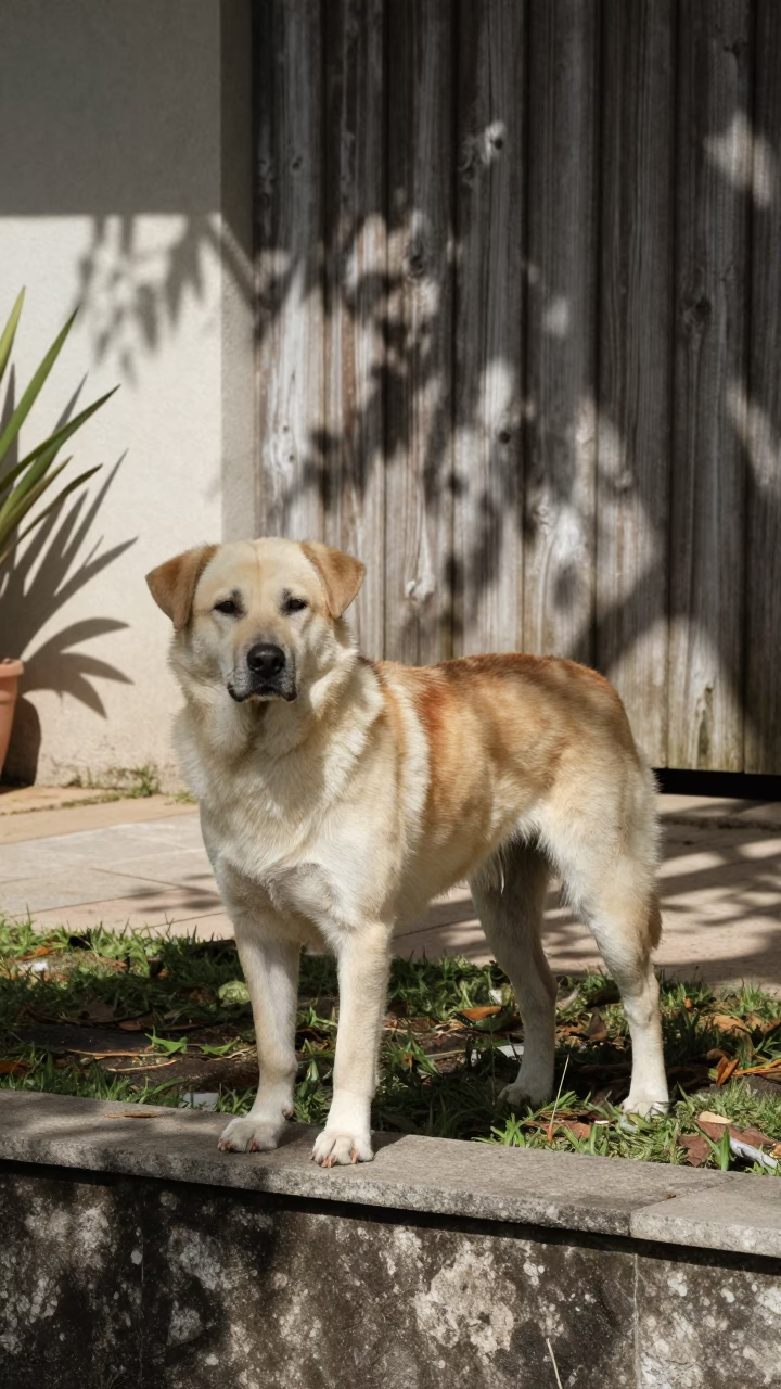Chinook Dog in Quiet Porto Alegre Yard in along a quiet park path with soft open shade and a clean background near Porto Alegre