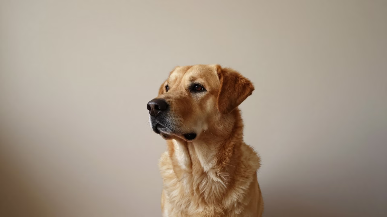 Chinook Dog Portrait Beside Plaster Wall in beside a plain plaster wall in soft indoor light with the animal centered in frame in Koh Samui