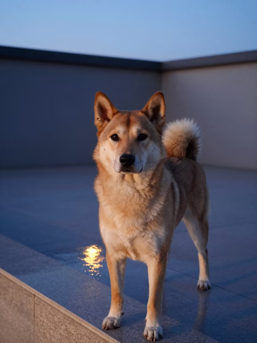 Chinook Dog Portrait in Beijing Courtyard Twilight in beside a plain courtyard wall in clear daylight with the animal at eye level near Beijing
