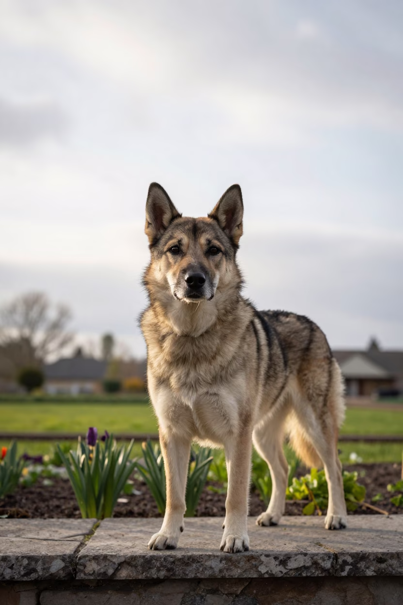 Chinook Dog Portrait in Montpellier Garden Light in near a garden edge with soft morning light and an uncluttered background in Montpellier