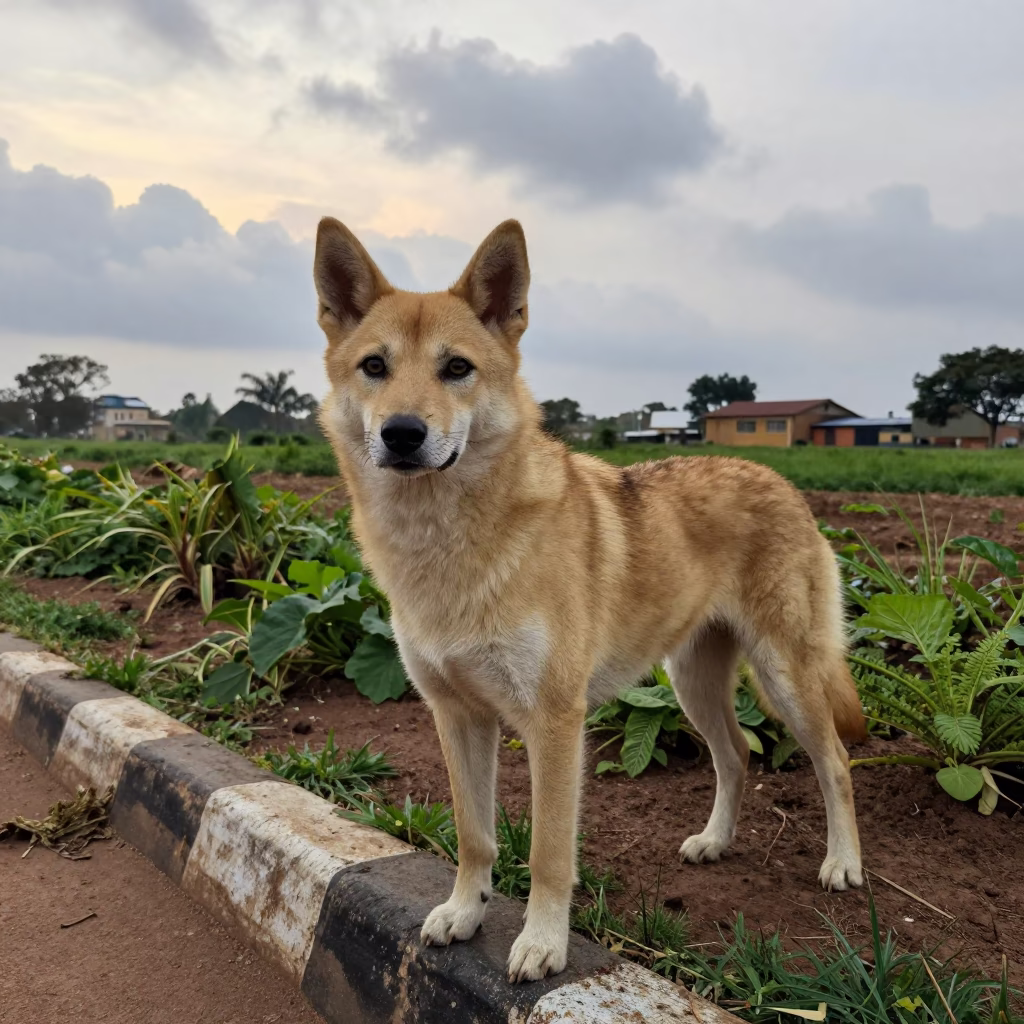 Chinook Dog Portrait with Textured Coat Near Warri Garden in near a garden edge with soft morning light and an uncluttered background near Warri