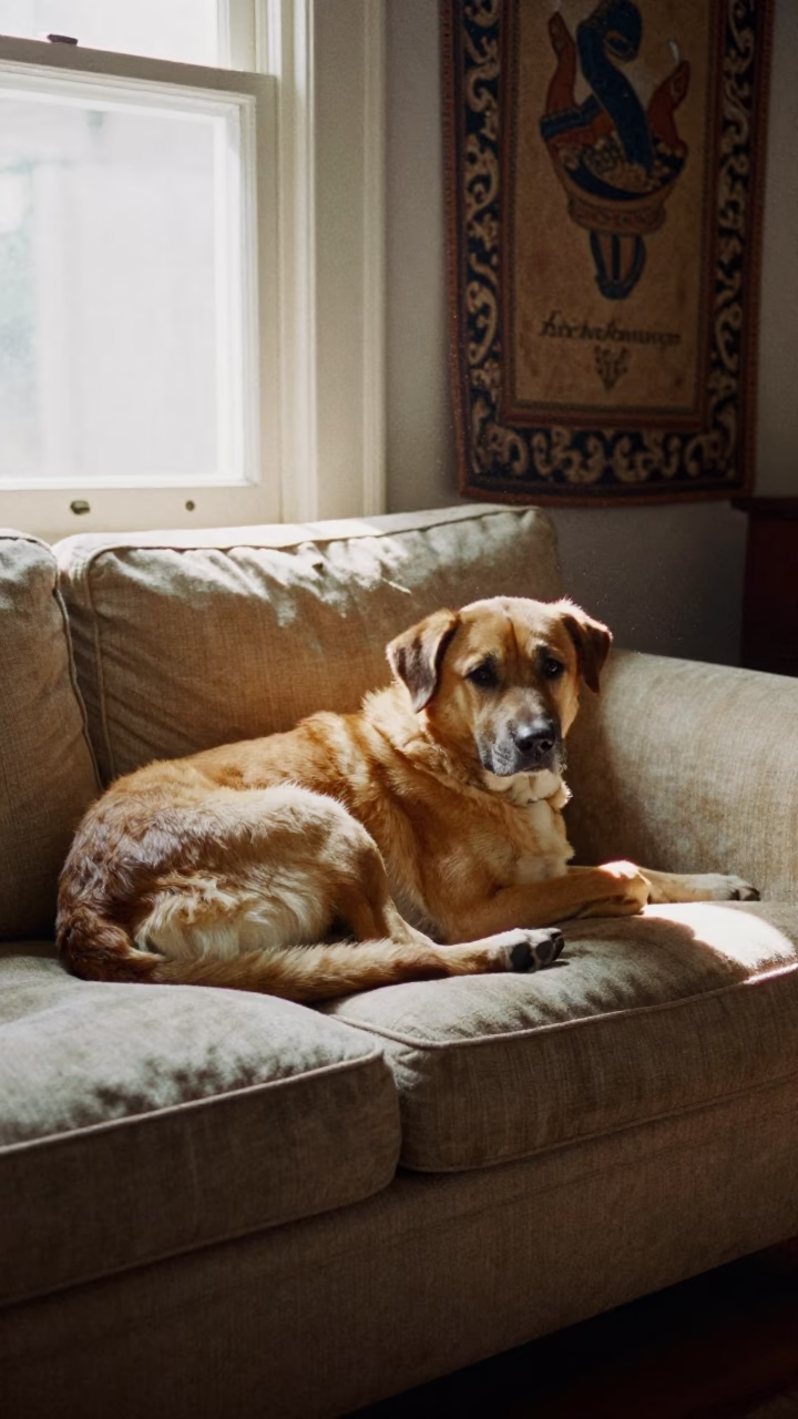 Chinook Dog Resting on Linen Sofa Near Rosario Window in on a linen sofa with daylight from a nearby window near Rosario