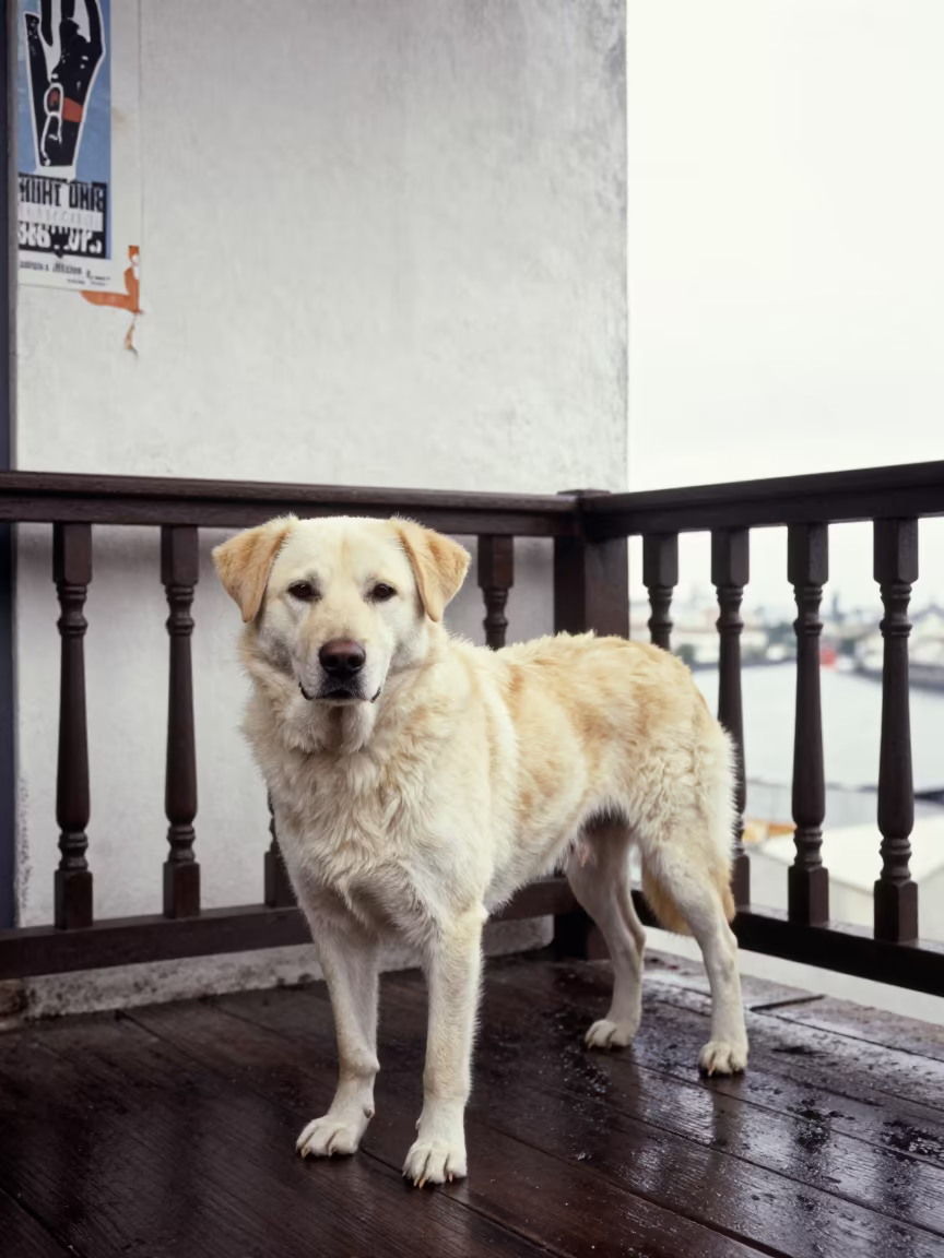 Chinook Portrait on Rainy Cartagena Porch in on a shaded front porch with boards, railings, and eye-level framing in Cartagena