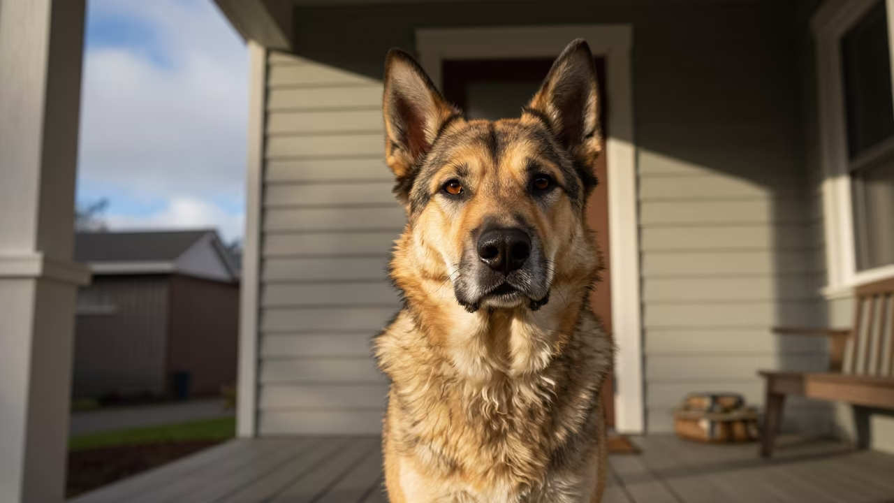 Chinook Portrait on Shaded Nob Hill Porch in on a shaded front porch with boards, railings, and eye-level framing near Nob Hill, Portland