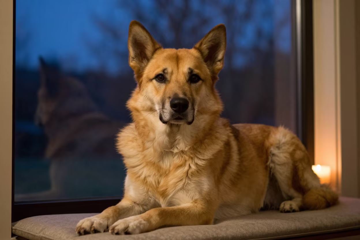 Chinook Portrait on Window Seat in Daule Twilight in on a cushioned window seat with soft side light and an uncluttered background in Daule