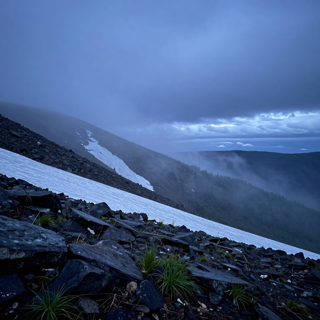 Chinook Wind Melts Snow on Hokkaido Foothills in over a horizon of stacked thunderheads in Hokkaido