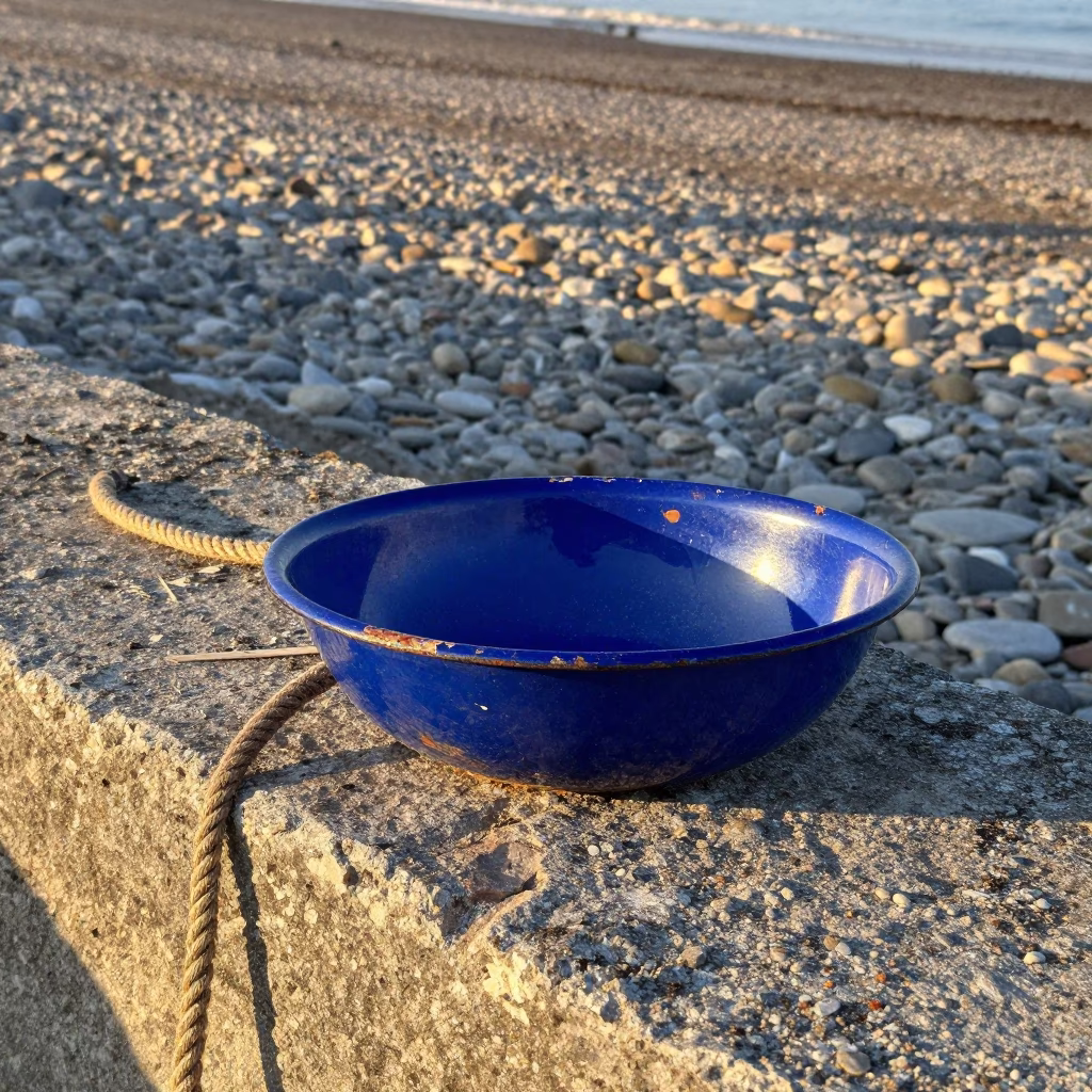 Chipped Blue Enamel Bowl and Coiled Rope on Nice Promenade at Dawn in in Nice, France
