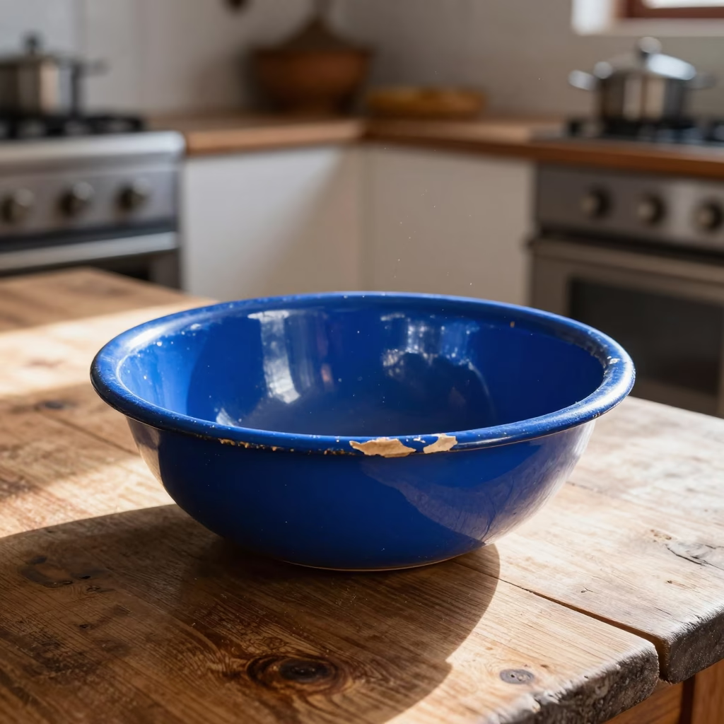 Chipped Blue Enamel Bowl in Essaouira in in Essaouira, Morocco