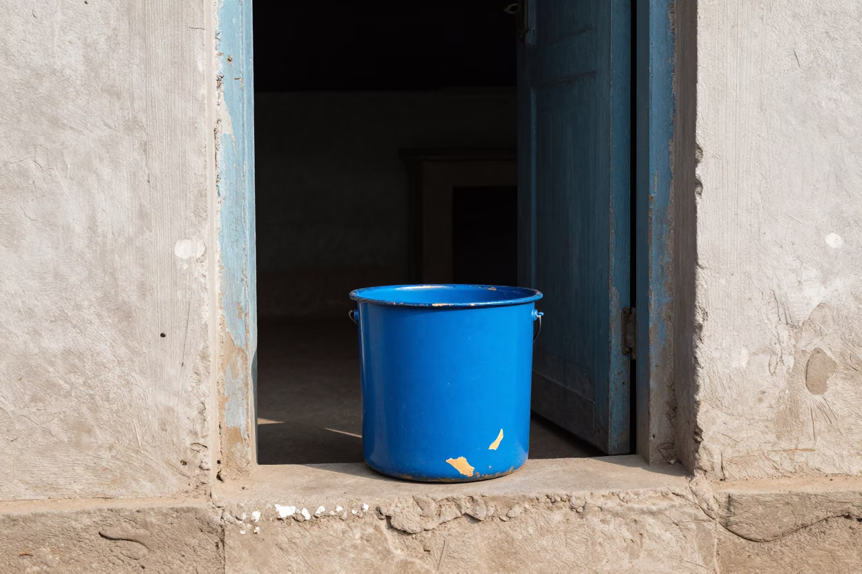 Chipped Blue Enamel Bucket in Delhi in in Delhi, India
