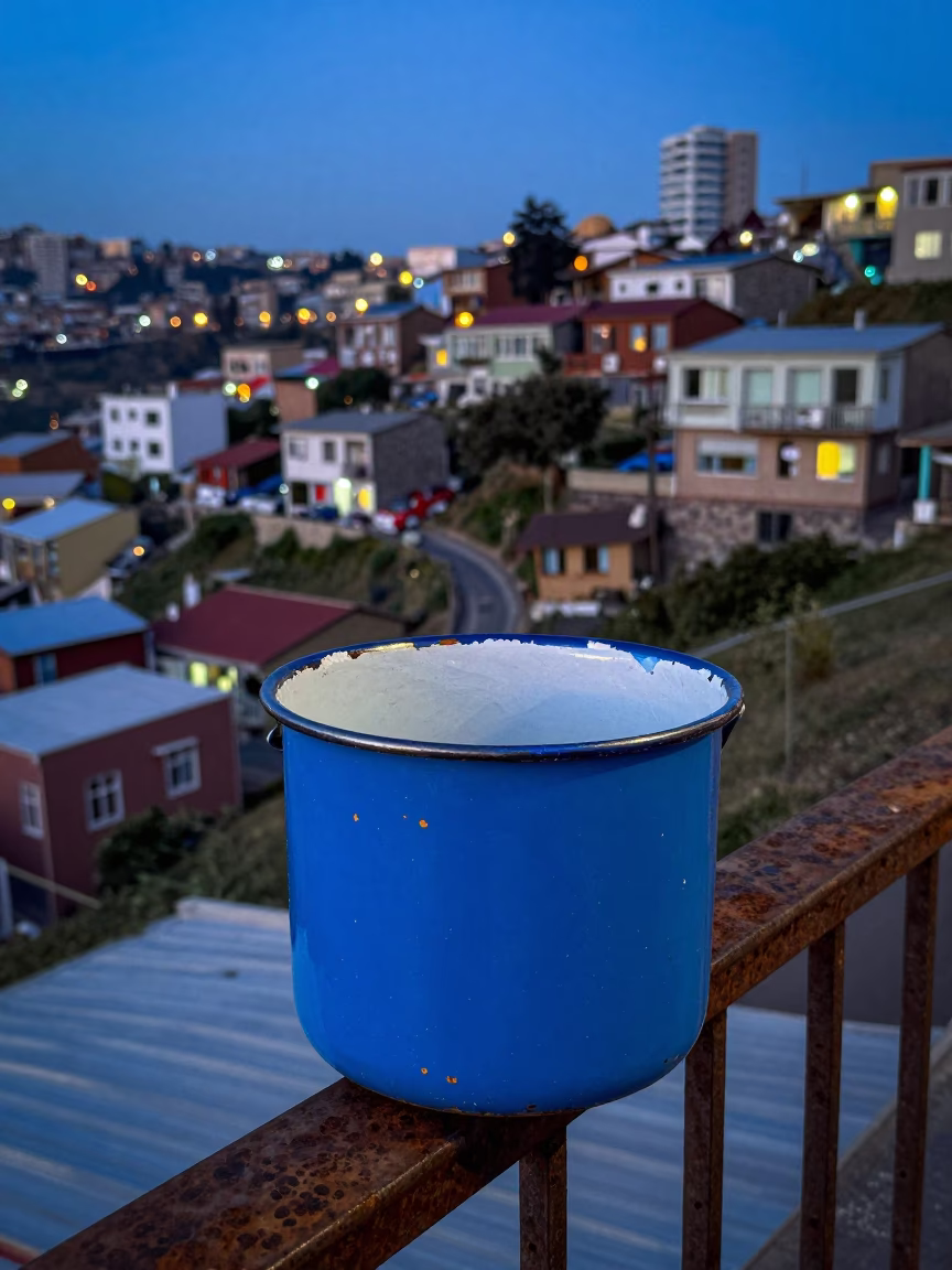 Chipped Blue Enamel Bucket in Valparaiso in in Valparaiso, Chile