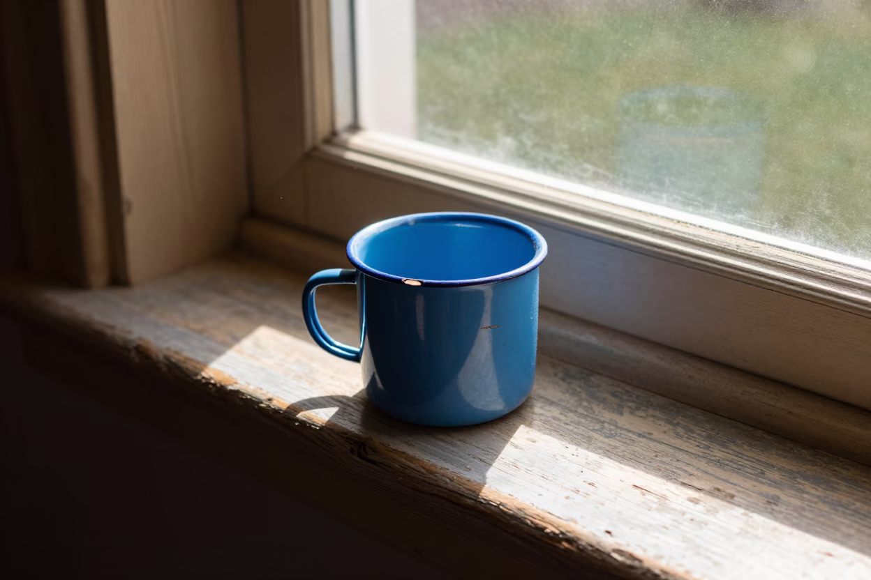Chipped Blue Enamel Cup in Adelaide in in Adelaide, Australia