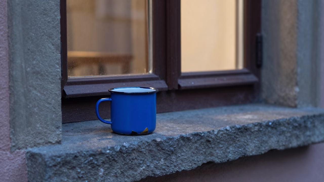 Chipped Blue Enamel Cup in Krakow in in Krakow, Poland
