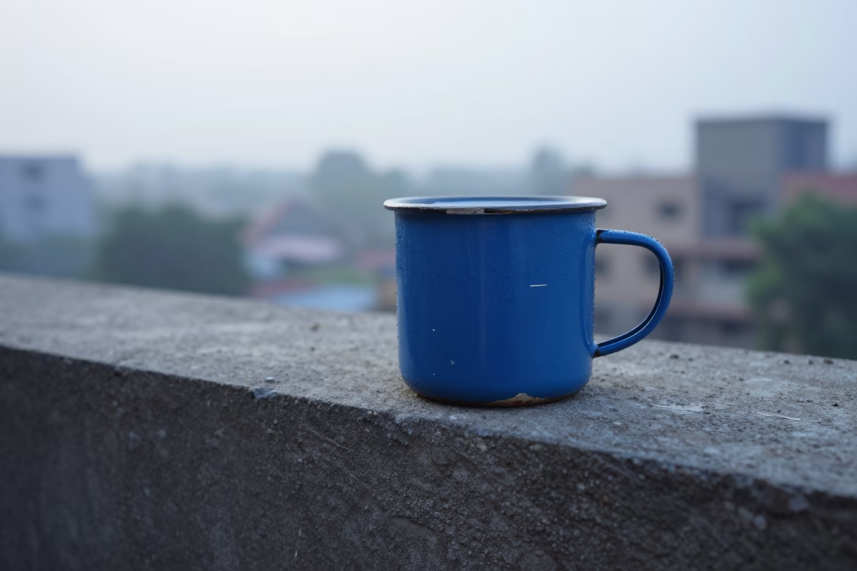 Chipped Blue Enamel Mug in Delhi in in Delhi, India