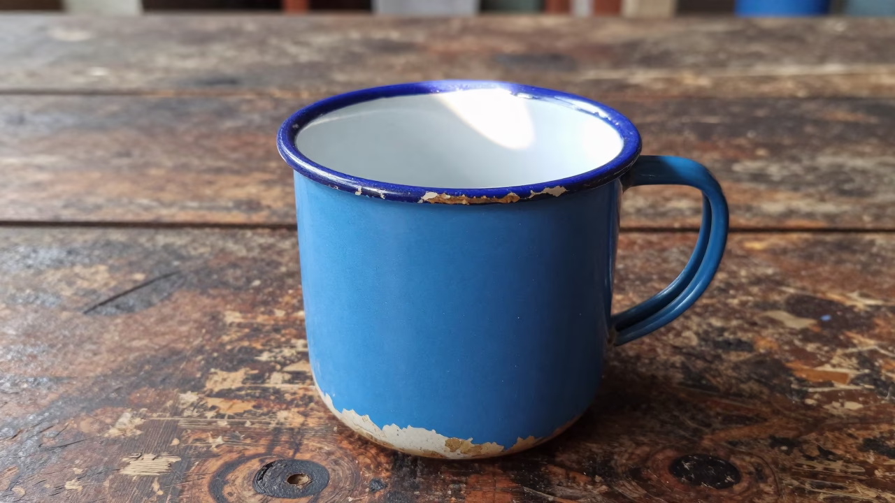 Chipped Blue Enamel Mug in Kochi in in Kochi, India
