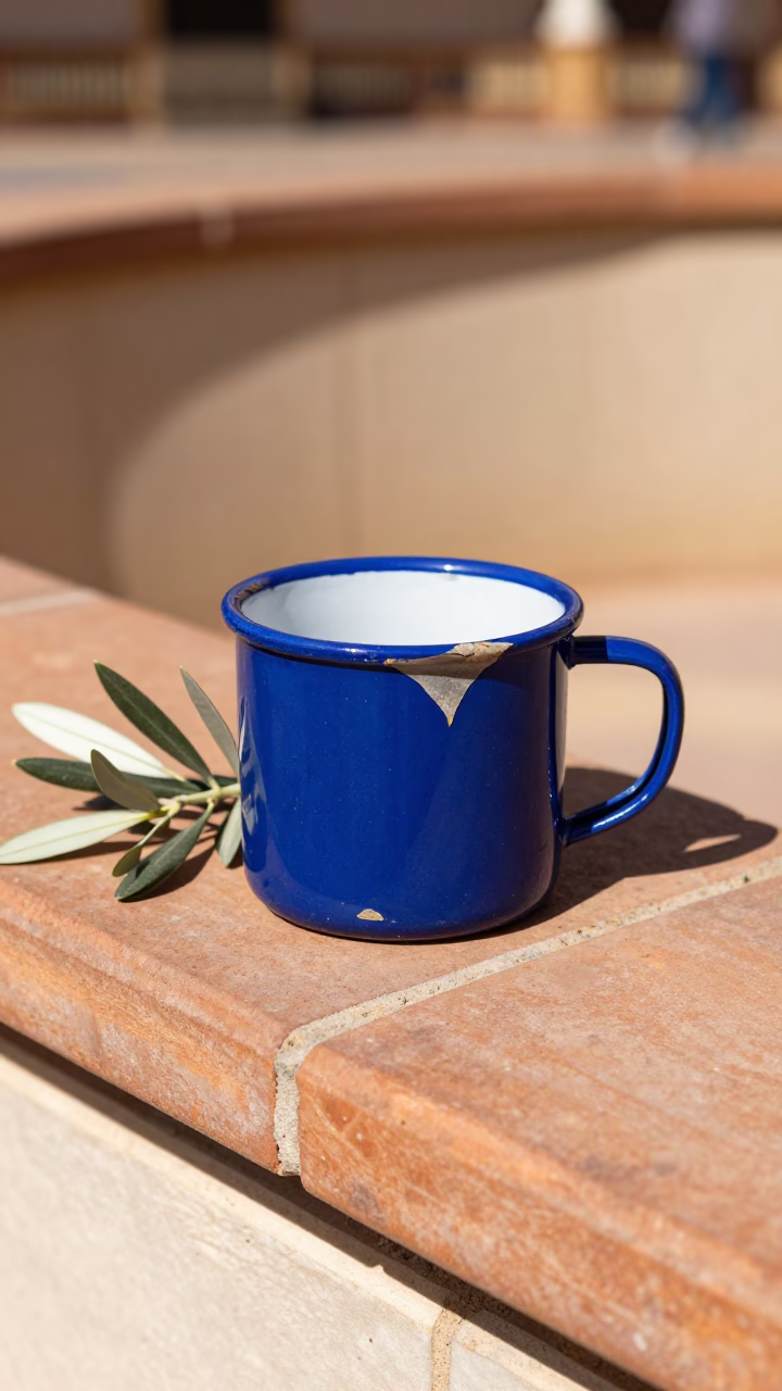 Chipped Blue Enamel Mug in Seville in in Seville, Spain