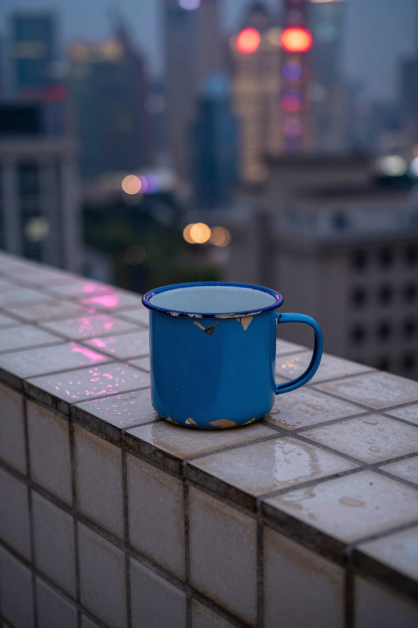 Chipped Blue Enamel Mug in Shanghai in in Shanghai, China