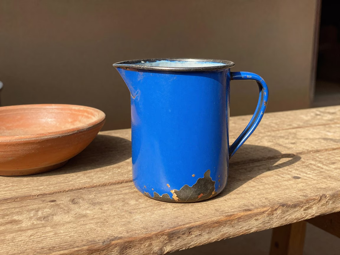 Chipped Blue Enamel Pitcher in Nairobi in in Nairobi, Kenya
