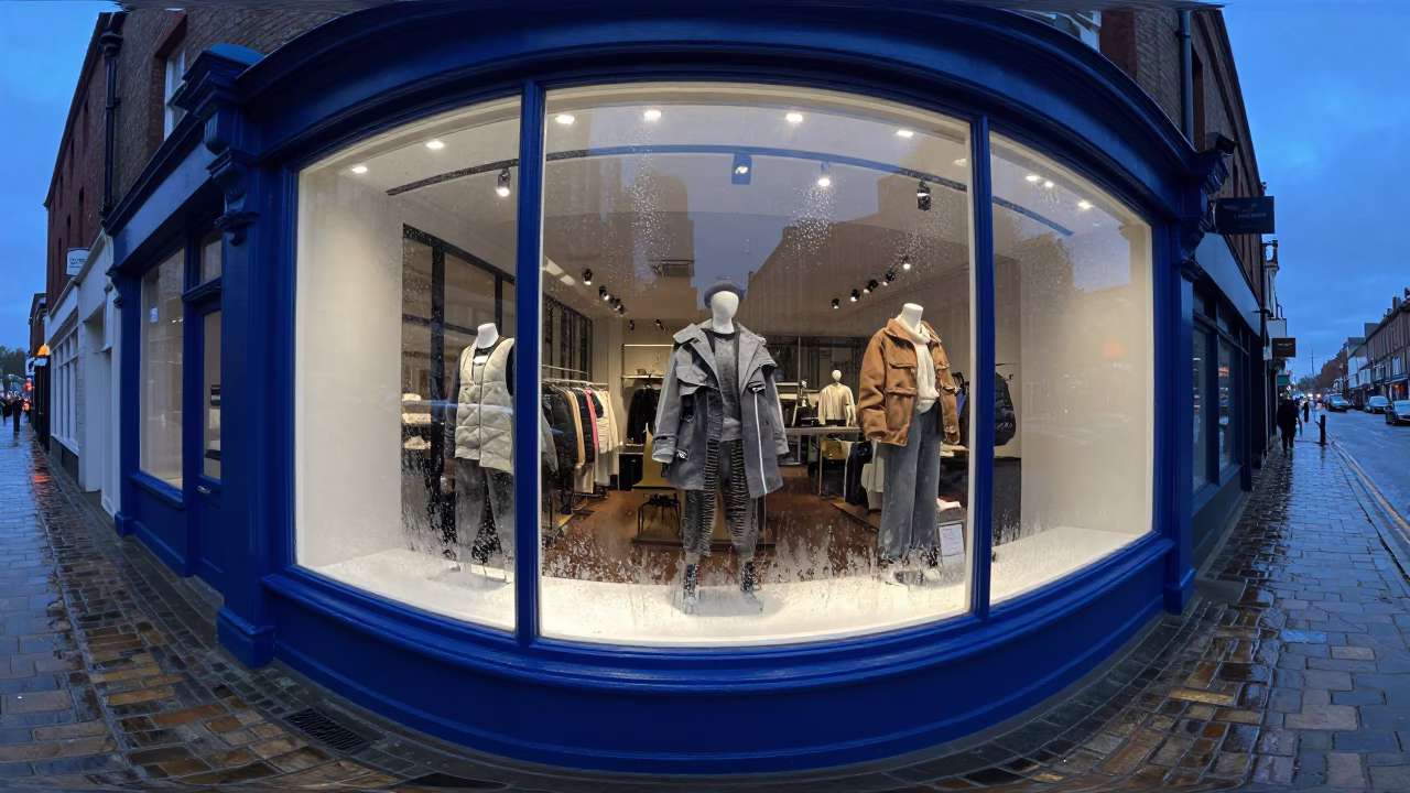 Chipped Blue Enamel Shop Window Display in Liverpool Indigo Twilight in in Liverpool, United Kingdom