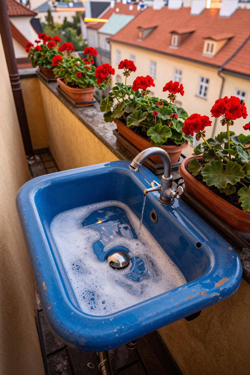 Chipped blue enamel sink and geraniums on Prague balcony late afternoon in in Prague, Czech Republic