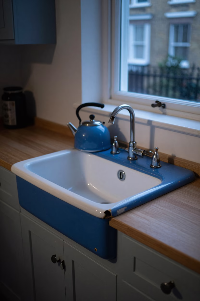 Chipped Blue Enamel Sink in London in in London, United Kingdom