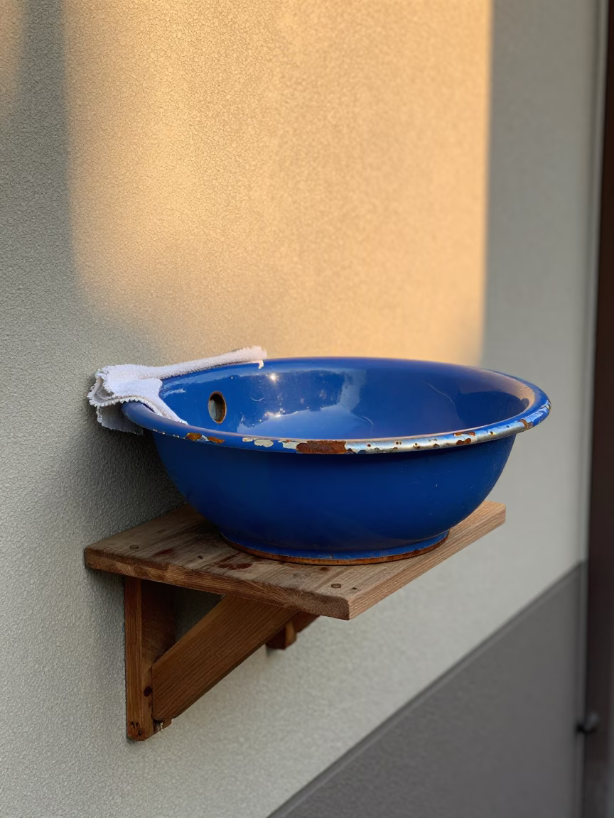 Chipped Blue Enamel Washbasin in Osaka in in Osaka, Japan