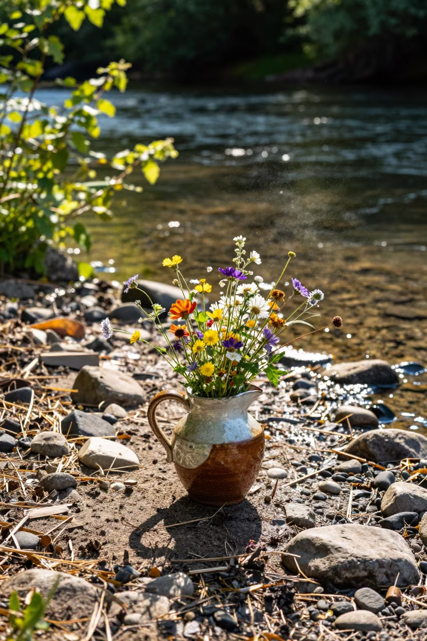 Chipped Ceramic Pitcher With Flowers on Riverbank in by a riverbank near Poznan