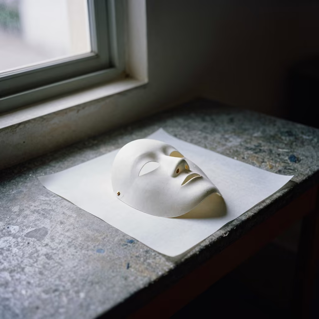 Chipped Porcelain Mask on Stone Table in on a painted produce display table in Charallave