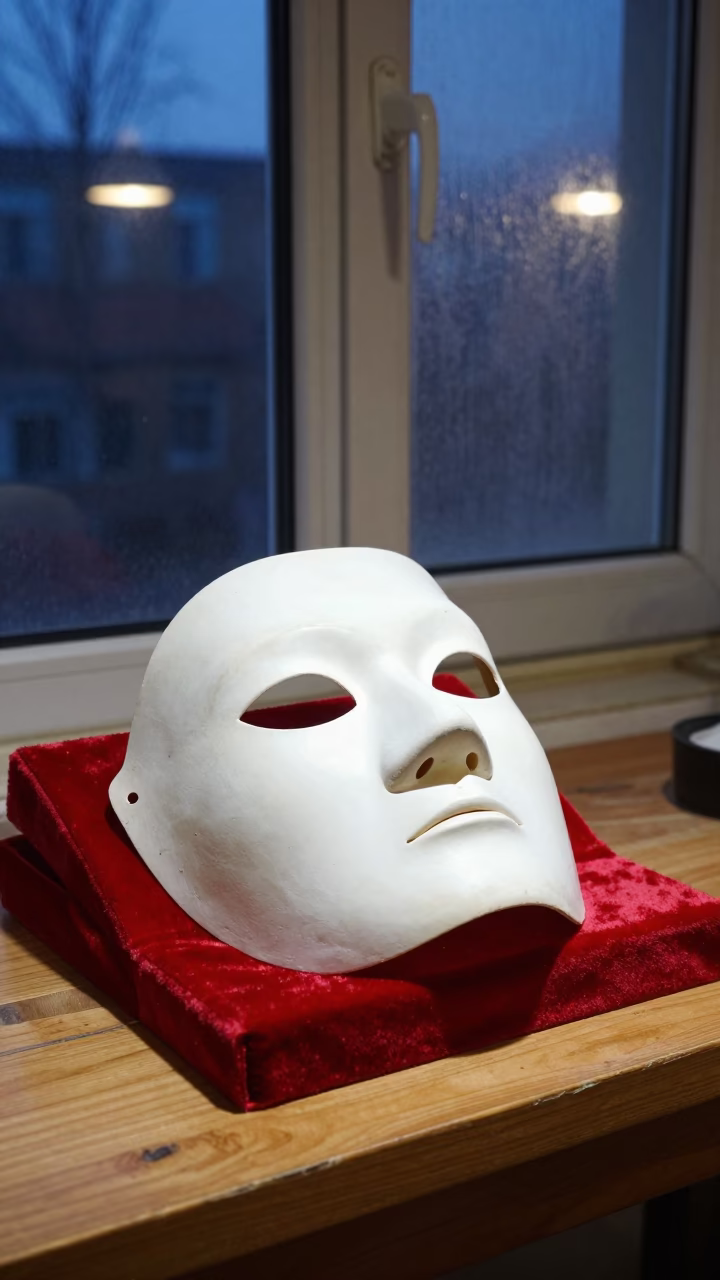 Chipped Porcelain Mask on Velvet Pad in on a wooden workbench in Taiyuan