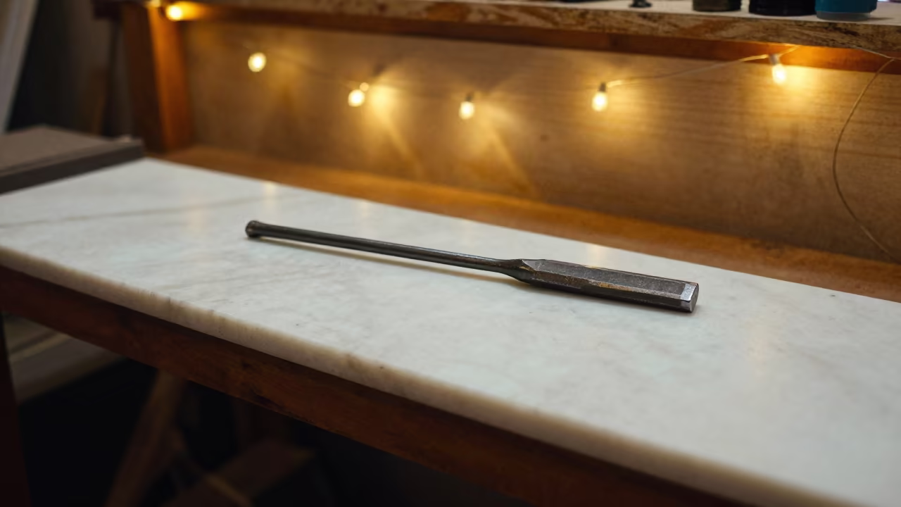 Chisel Resting on Marble Block in Night Workshop in on a workshop shelf near Gurgaon