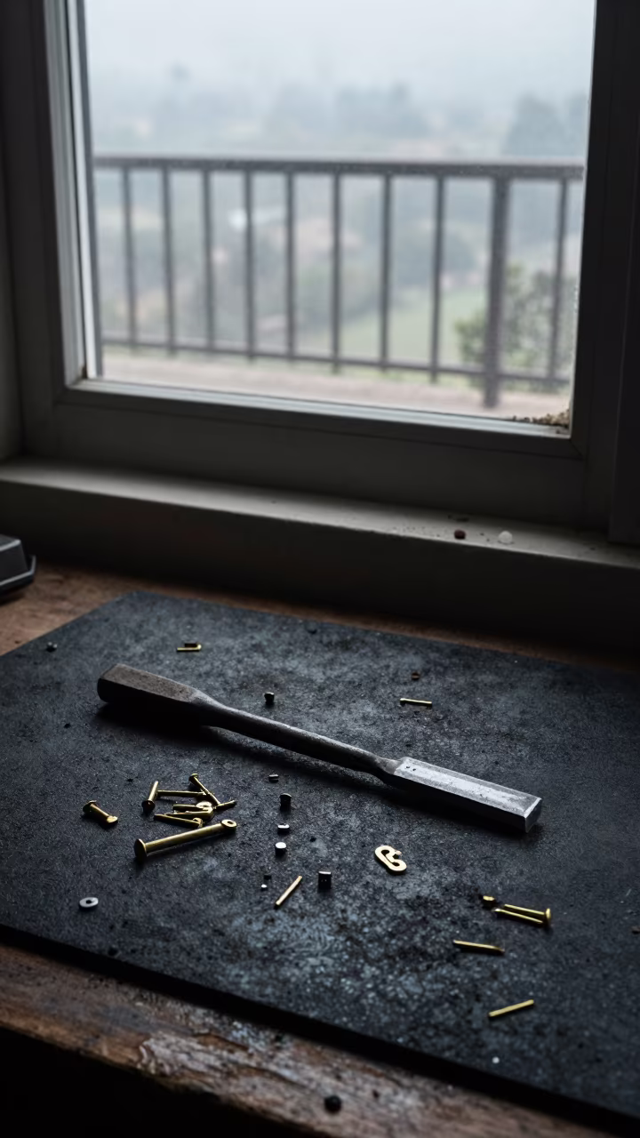 Chisel on Rubber Mat in Lubumbashi Workshop in on a pier railing in Lubumbashi