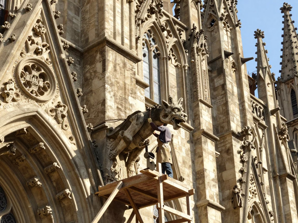 Chiseling Gargoyle at Bright Midmorning Light in Barcelona in in Barcelona, Spain