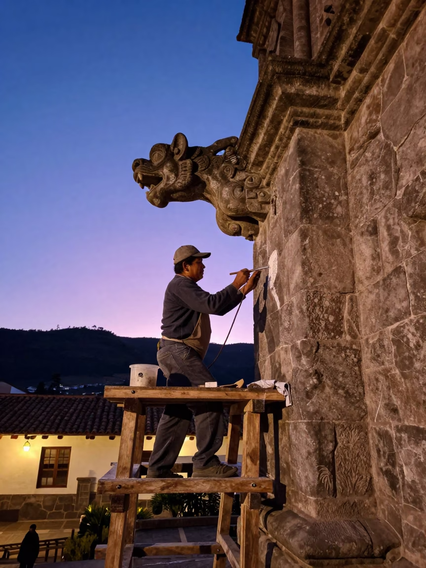 Chiseling Gargoyle in Cusco at Nautical Dawn Light in in Cusco, Peru