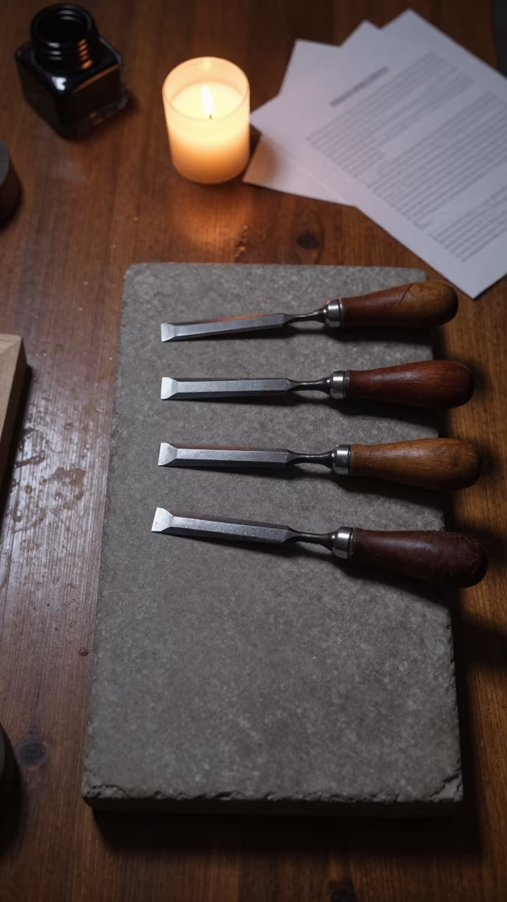 Chisels on Stone Bench in Puebla Candlelight in on a writing desk in Puebla