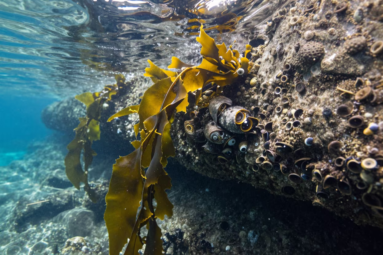 Chiton on Rocky Shelf in New Zealand Tide Pool in through kelp fronds beside a rocky shelf in New Zealand