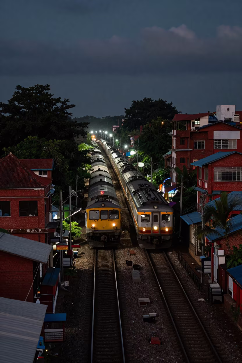 Chittagong Trains Along Brick Blocks at Night in along a switchback approach near Chittagong