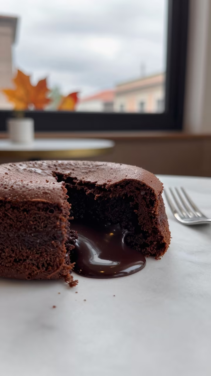 Chocolate Lava Cake Breaking Open on Marble Table in on a marble cafe table in Zona Sur, La Paz