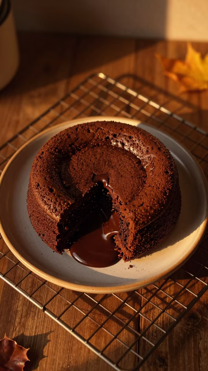 Chocolate Lava Cake Breaking Open on Bakery Rack in on a bakery cooling rack in Kathmandu