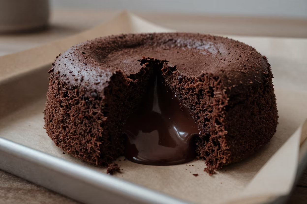 Chocolate Lava Cake Breaking Open in on a parchment-lined pastry tray in Pokhara