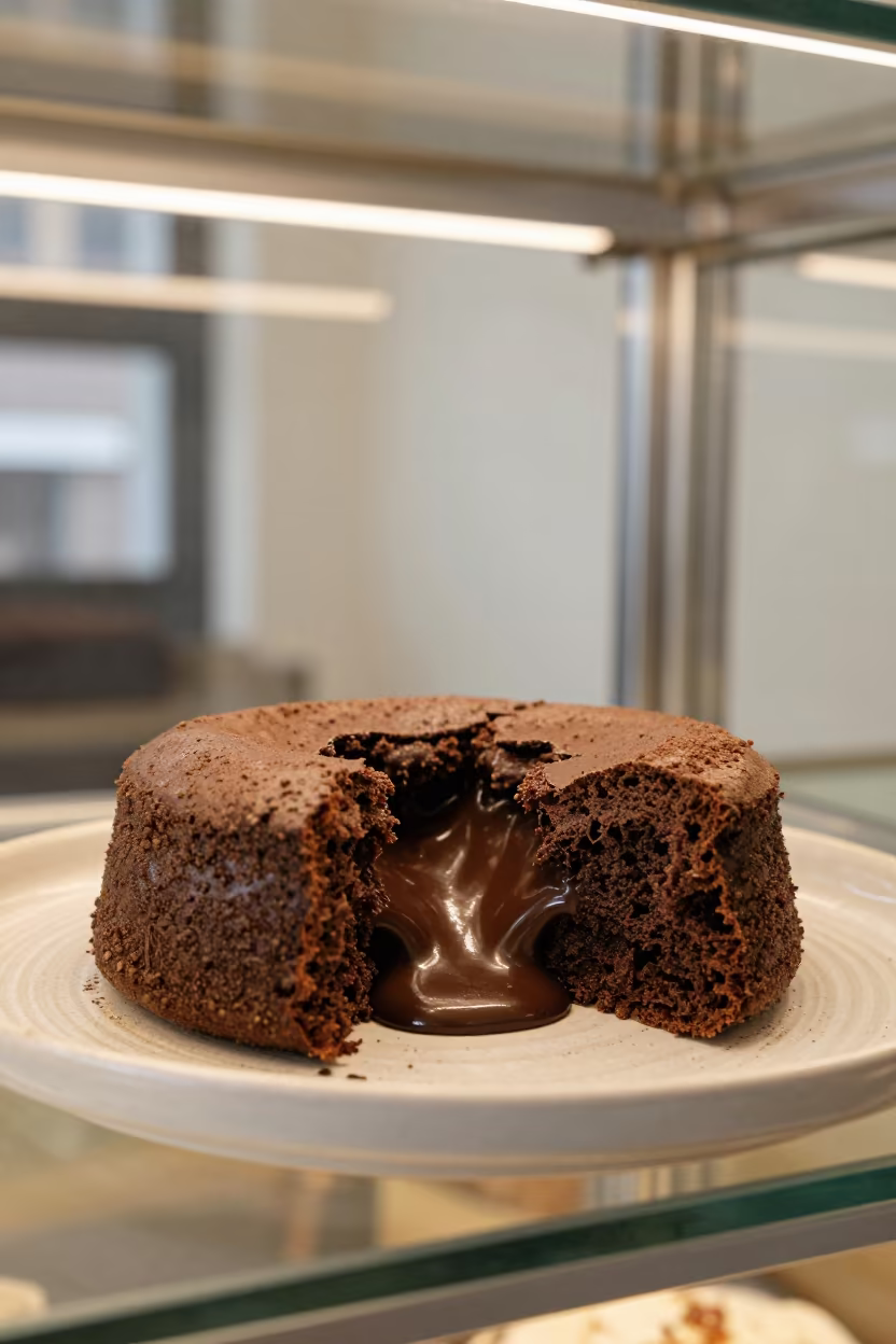 Chocolate lava cake breaking open in Vancouver bakery in in a bakery display case in Gastown, Vancouver