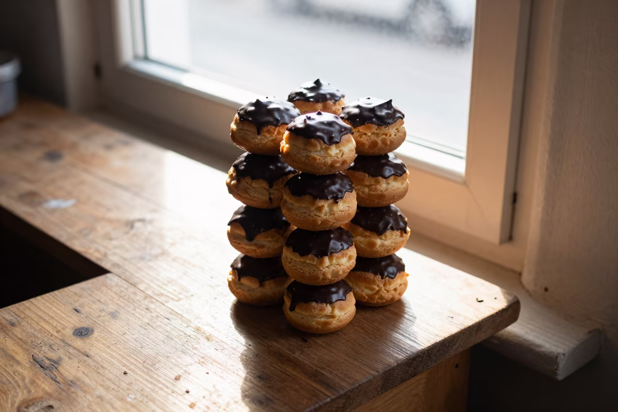Chocolate Profiterole Tower on Ndola Workshop Shelf in on a workshop shelf in Ndola