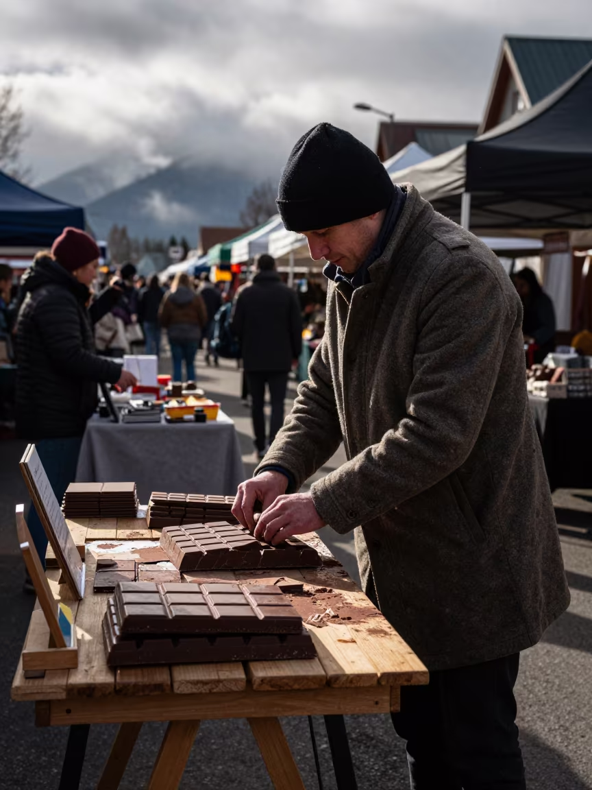 Chocolate Vendor Breaking Slabs at Banff Dawn Market in in a flea market lane in Banff
