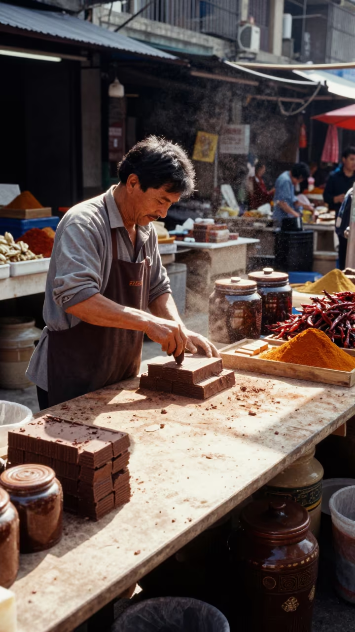 Chocolate Vendor Breaking Slabs at Guiyang Market in at a spice vendor's table in Guiyang