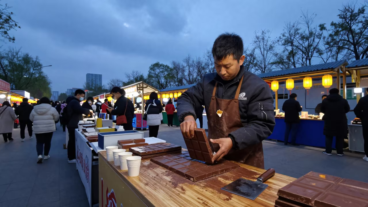 Chocolate Vendor Slicing Slabs at Jinan Market in at a market stall in Jinan