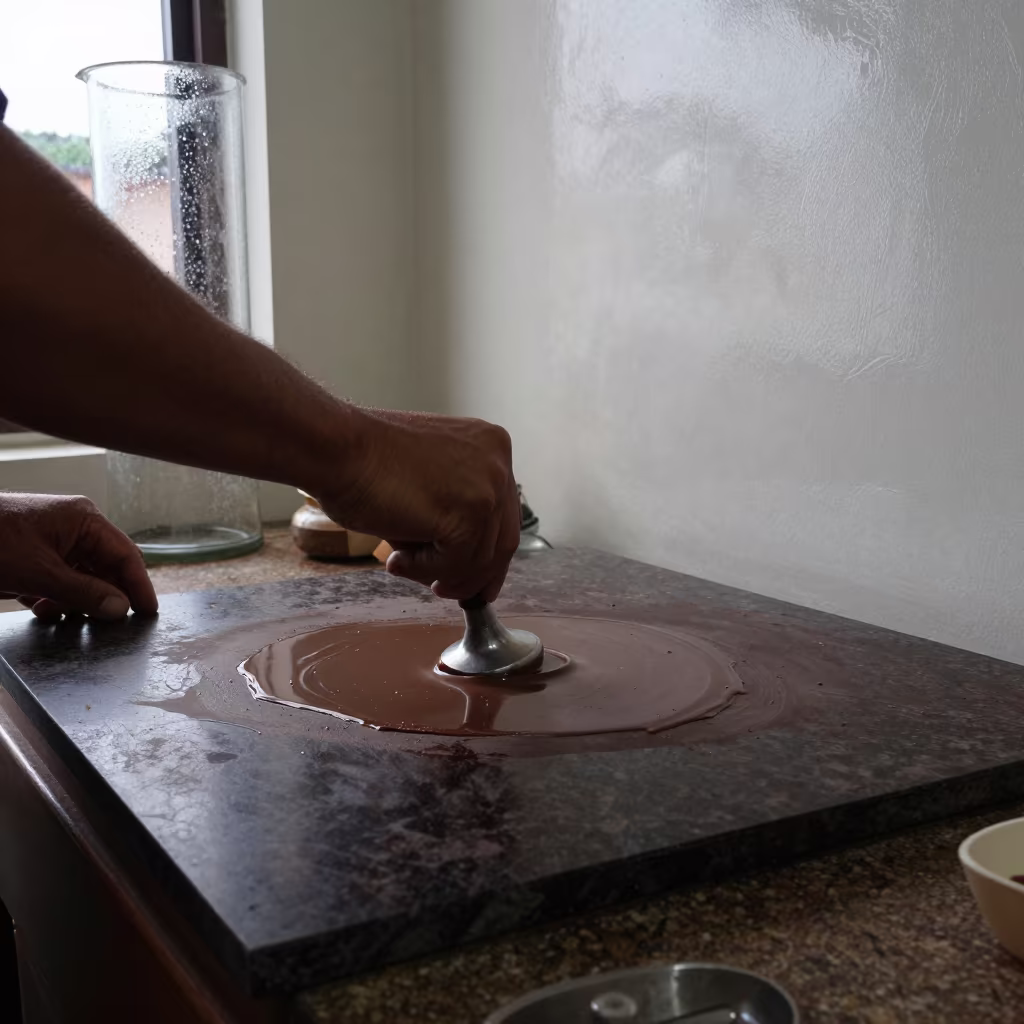 Chocolatier Tempering Chocolate on Stone Ledge in on a stone ledge in Sao Luis